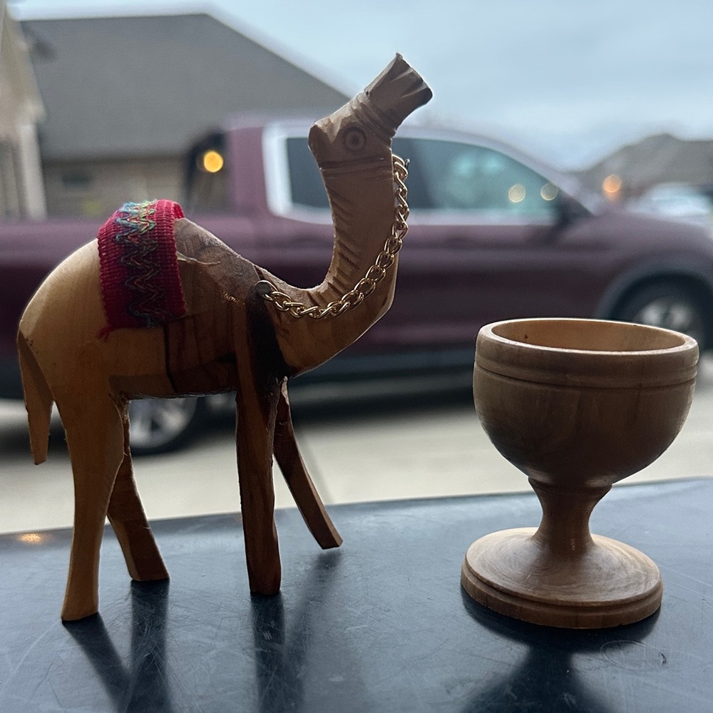 Hand crafted olive wood goblet and Camel Figurine